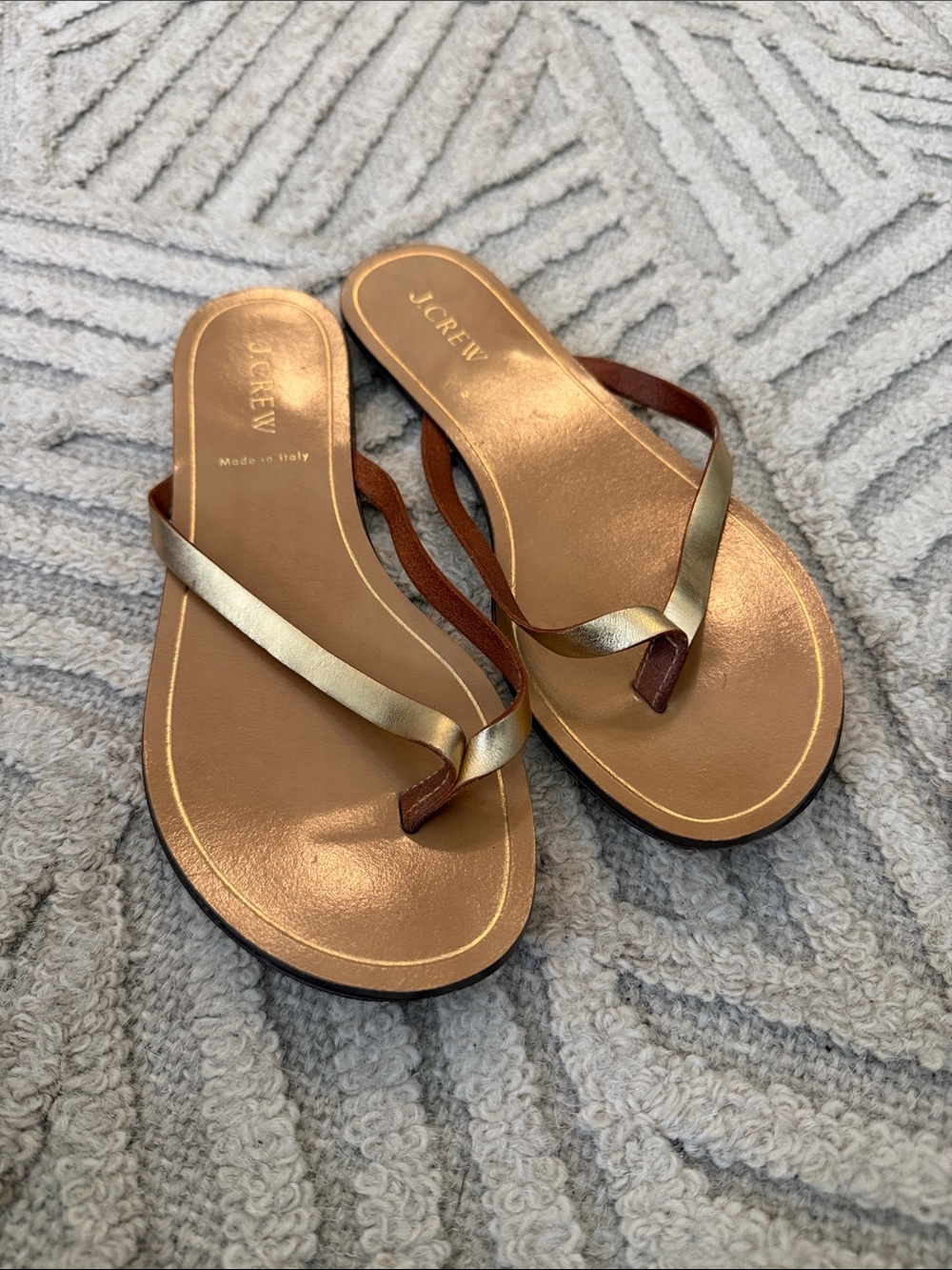 J. Crew Metallic Gold Brown Leather Toe-Loop Sandals